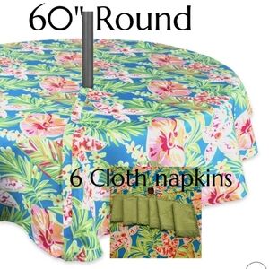 DII Summer Floral Outdoor Tablecloth W/Zipper 60" Round 6 Green Cloth Napkins